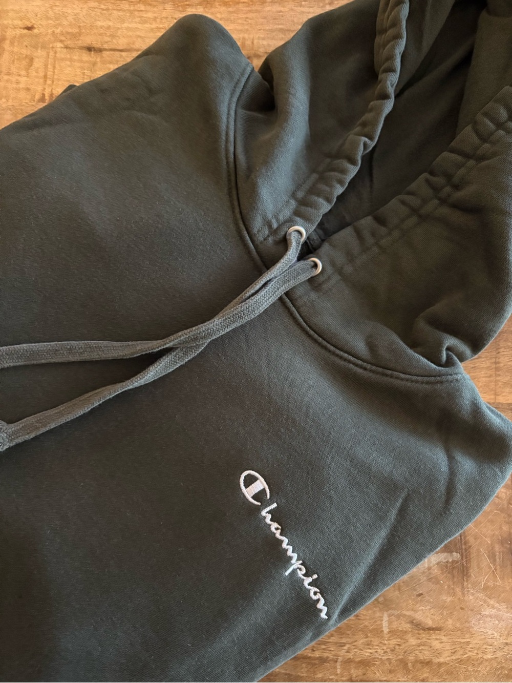 Champion Olive Green Hoodie with Script Logo- Men’s Large